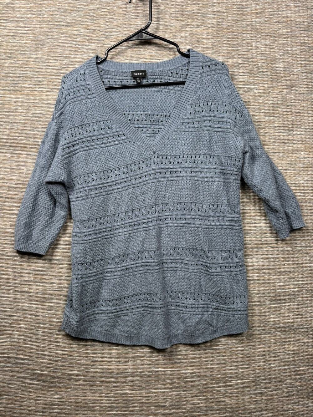 Torrid Pointelle Crochet Sweater Tunic Top Womens Sz 00 (10) Blue Short Sleeve